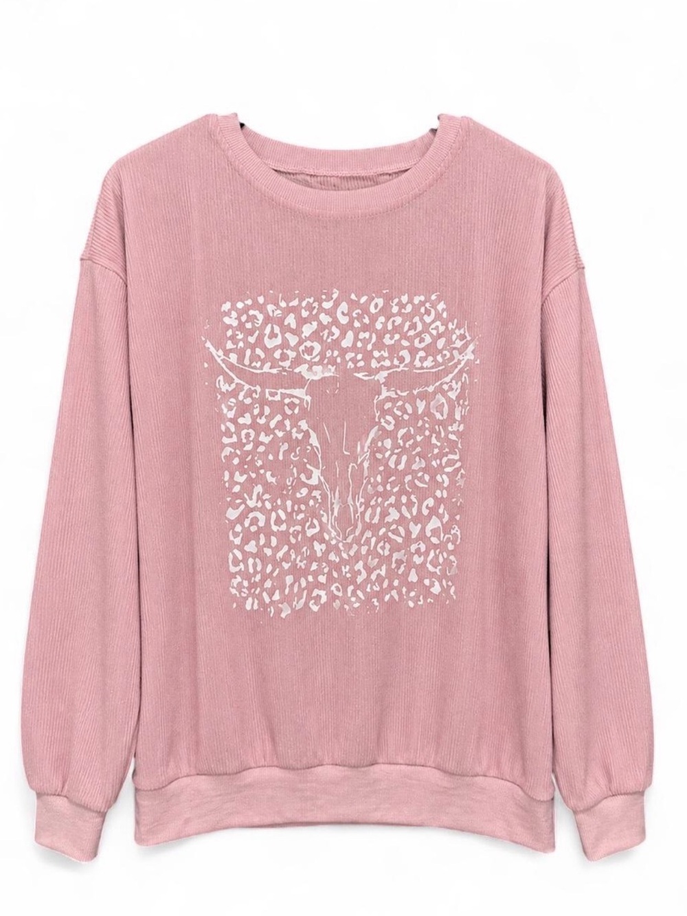 SHEIN Pink Ribbed Longhorn Leopard Print Sweatshirt Size M